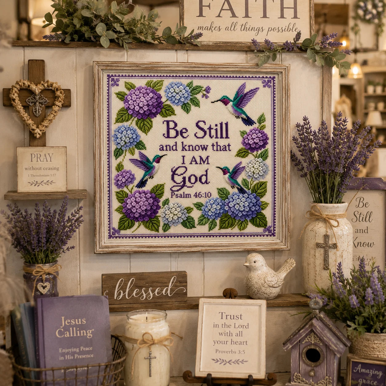 🔥Last Day 49% OFF - Hummingbird Garden Faith Cross Stitch Kit